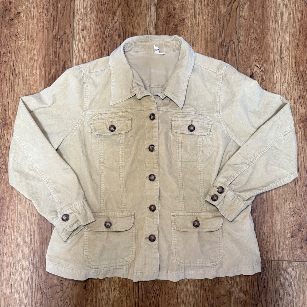 VTG St Johns Bay Tan Corduroy Jacket Beige Stretch Button Front Utility Women 1X